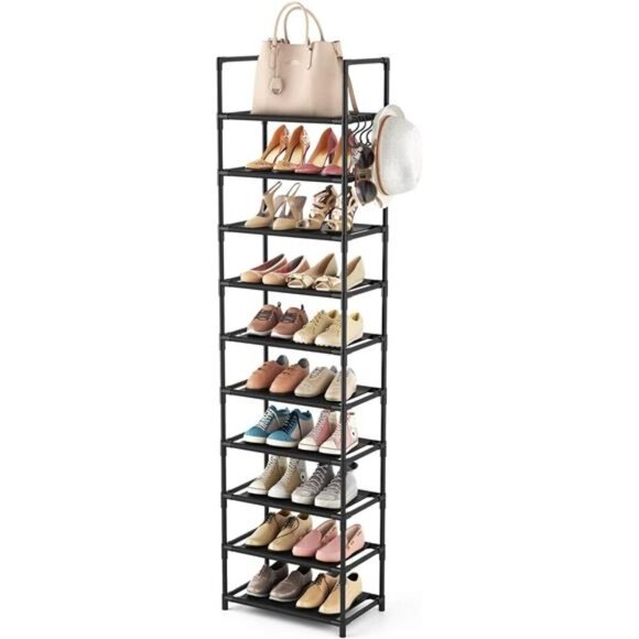 Tall Narrow Shoe Rack 10 Tier Organizer Shelf Holds 25 Pairs Black Storage - Picture 1 of 5